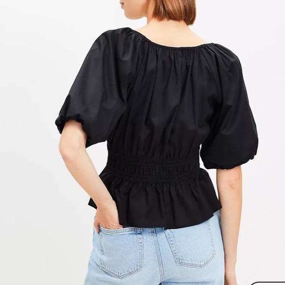 NWT LOFT Women's Romantic Black Peasant Smocked Waist Peplum Blouse Size Small - Picture 3 of 6